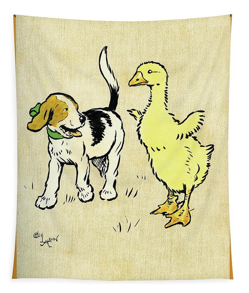 Puppy Tapestry featuring the mixed media Illustration of puppy and gosling by Cecil Aldin