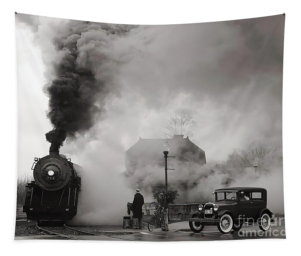 Vintage Tapestry featuring the photograph Image Of Steam Locomotive And Model A Ford At Intersection by Retrographs