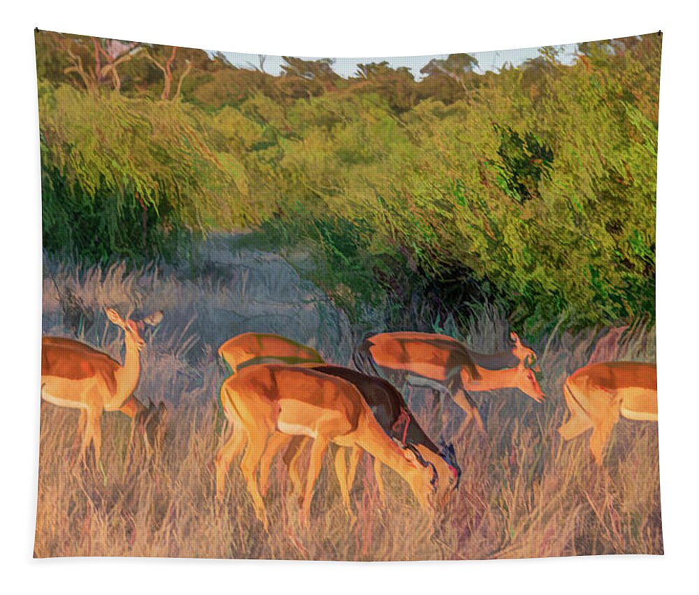 Impala Tapestry featuring the photograph Impalas of Botswana, Painterly by Marcy Wielfaert