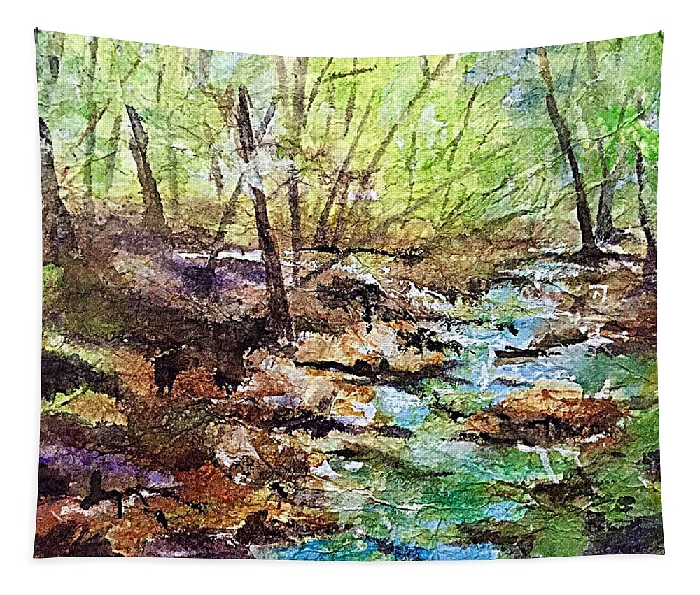 Stream Tapestry featuring the painting Impression of a Mountain Stream Roundtop,NY by Ellen Levinson