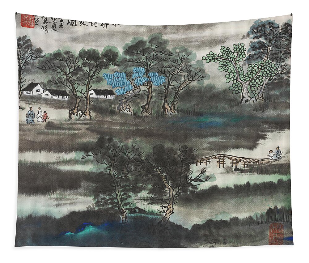 Chinese Watercolor Tapestry featuring the painting Visiting Friends by Jenny Sanders