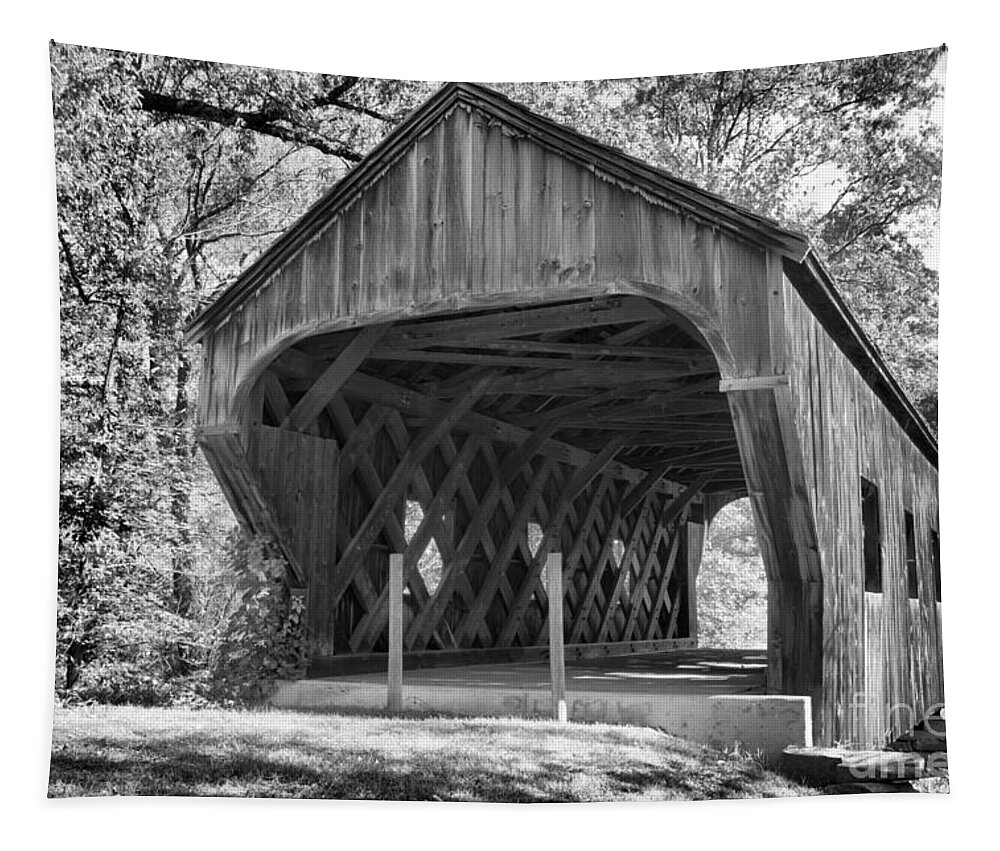 Eureka School House Covered Bridge Tapestry featuring the photograph Inside The Eureka School House Covered Bridge Black And White by Adam Jewell
