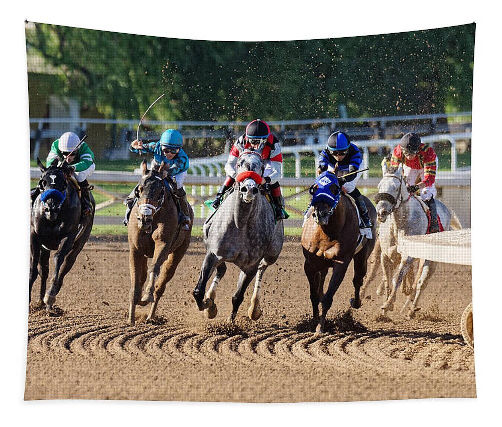 Into The Stretch Tapestry featuring the photograph Into the Stretch -- Race Horses at Santa Anita Park, California by Darin Volpe