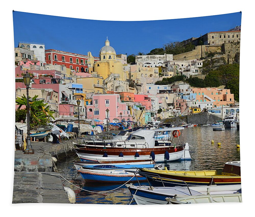 Procida Tapestry featuring the painting Italy Procida Island Marina Corricella Naples Bay 3 by Ana Maria Edulescu