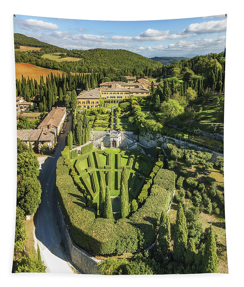 Estock Tapestry featuring the digital art Italy, Tuscany, Siena District, Val Di Chiana, Chianciano Terme, Villa La Foce, Aerial View By Drone by Guido Cozzi