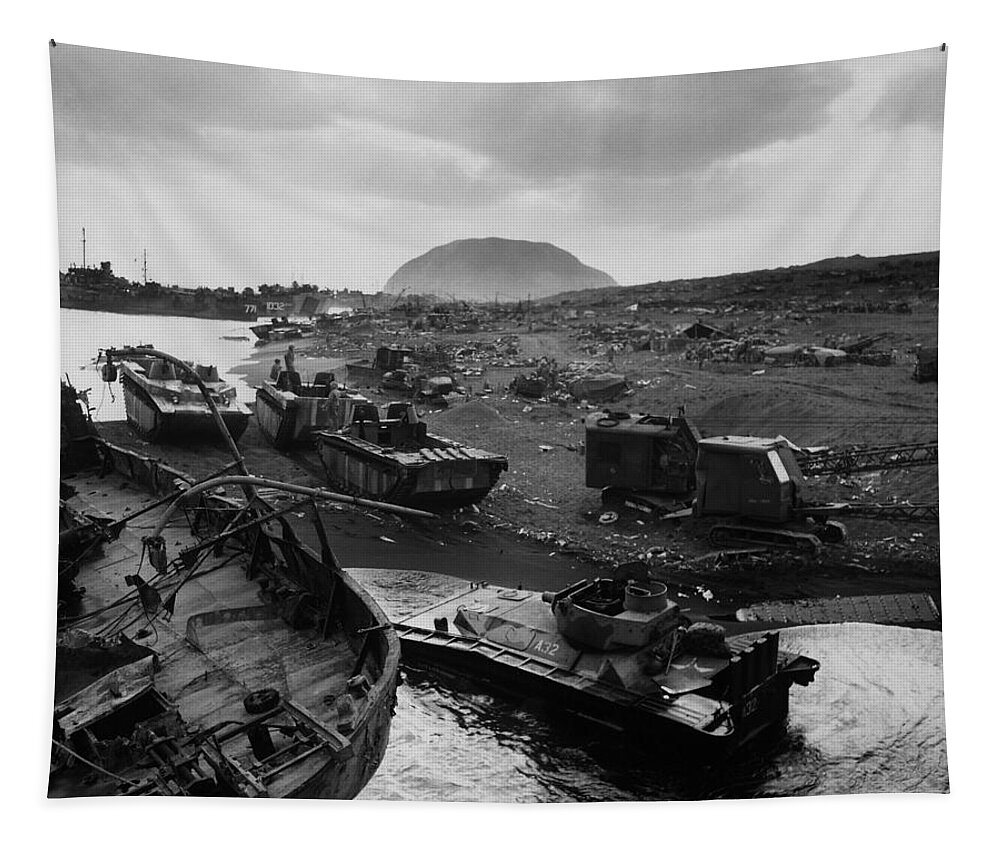 Iwo Jima Tapestry featuring the photograph Iwo Jima Beach Destruction by War Is Hell Store