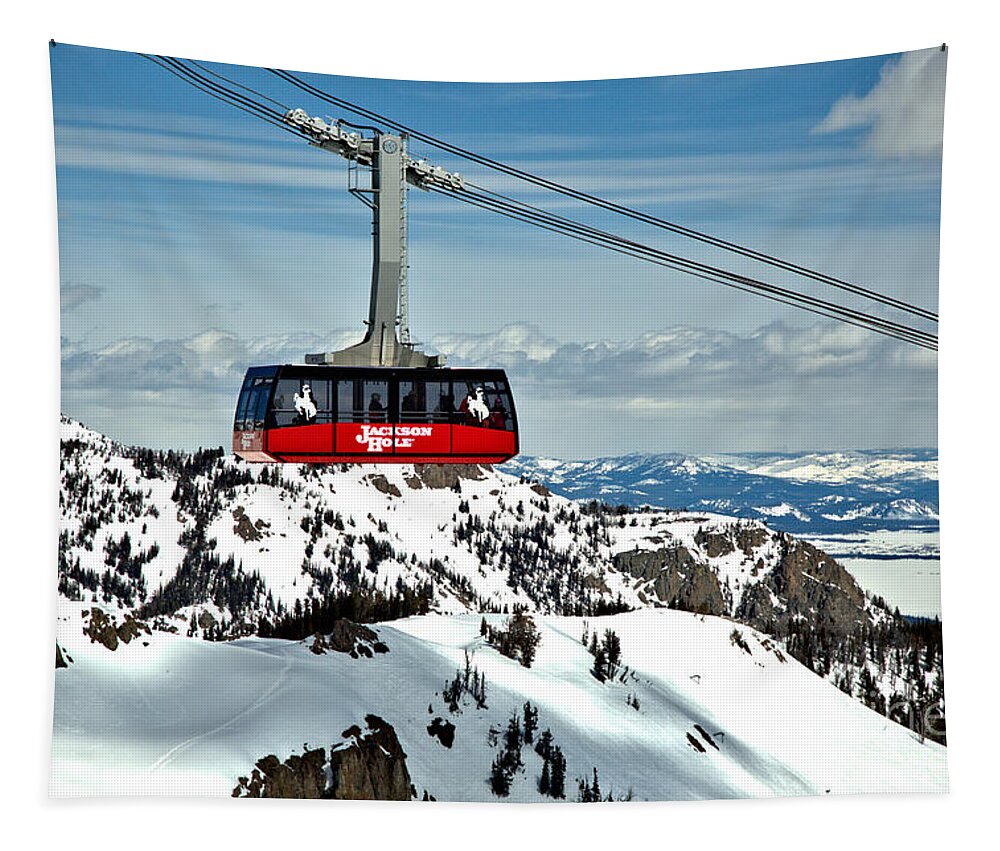 Jackson Hole Tram Tapestry featuring the photograph Jackson Hole Aerial Tram Over The Snow Caps by Adam Jewell
