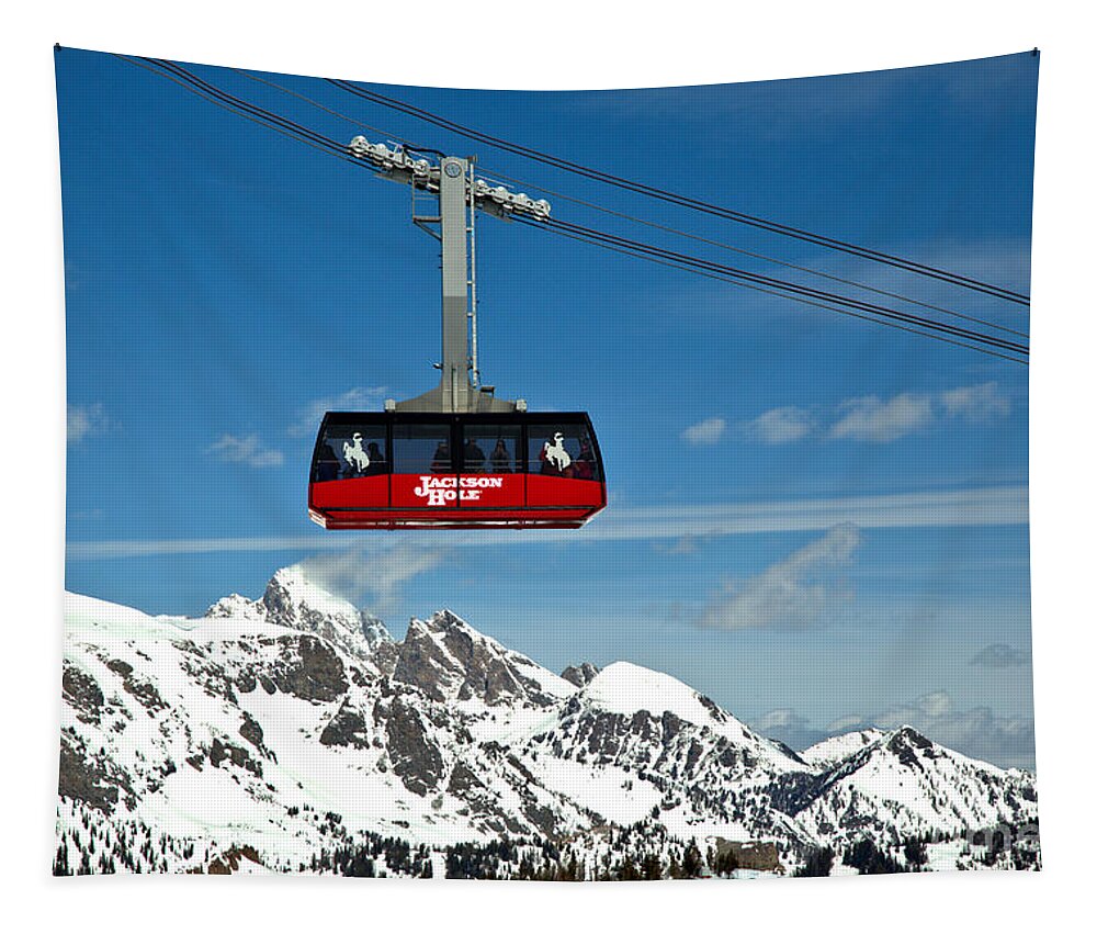 Jackson Hole Tram Tapestry featuring the photograph Jackson Hole Tram Over The Snow Caps by Adam Jewell