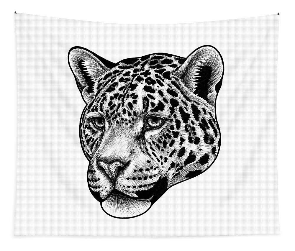Jaguar Tapestry featuring the drawing Jaguar portrait - big cat ink illustration by Loren Dowding