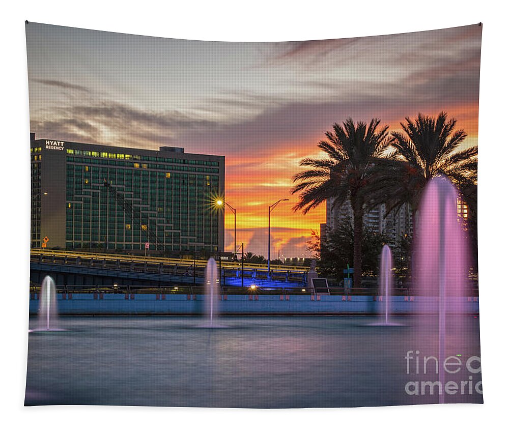 Sunrise Tapestry featuring the photograph JAX Cityscape Sunrise At The Fountains by DB Hayes