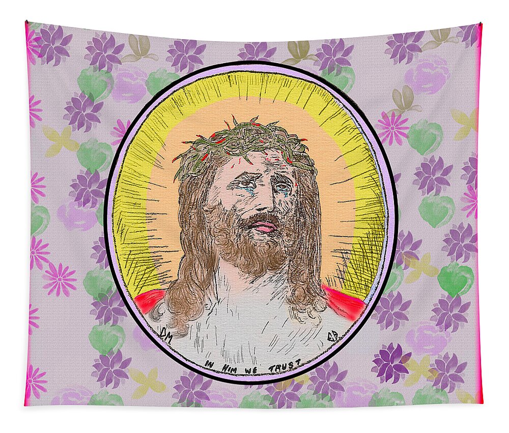 Jesus Tapestry featuring the painting Jesus Flowers Edges by Donna L Munro