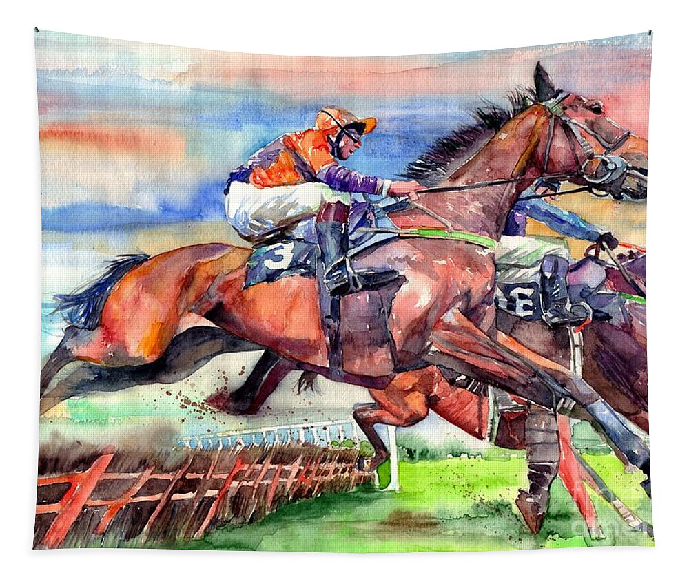 Horse Tapestry featuring the painting Jump Racing by Suzann Sines