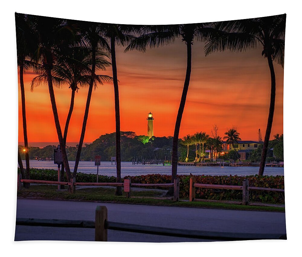 Jupiter Lighthouse Tapestry featuring the photograph Jupiter Inlet Lighthouse and Museum Sunset Red Colors by Kim Seng