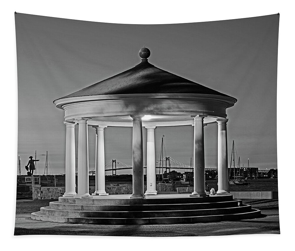 Newport Tapestry featuring the photograph King Park Gazebo and Pell Bridge Sunset Newport RI Rhode Island Black and White by Toby McGuire