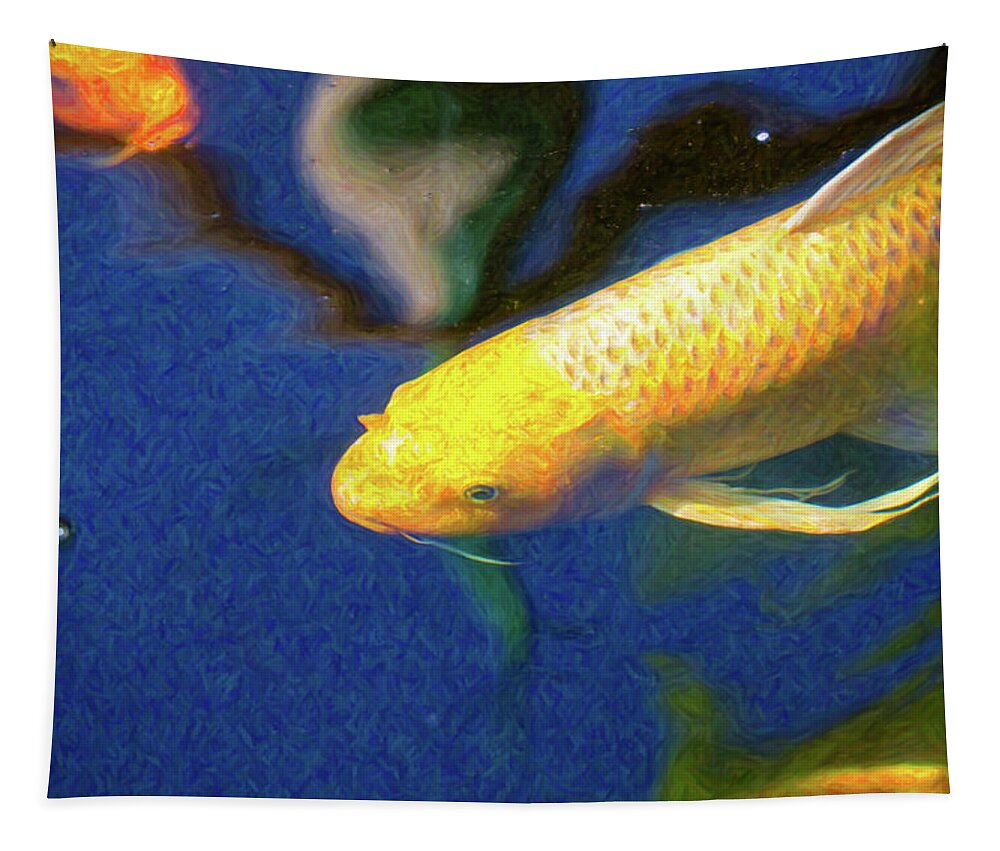 Taking Aim Tapestry featuring the digital art Koi Pond Fish - Taking Aim - by Omaste Witkowski by Omaste Witkowski