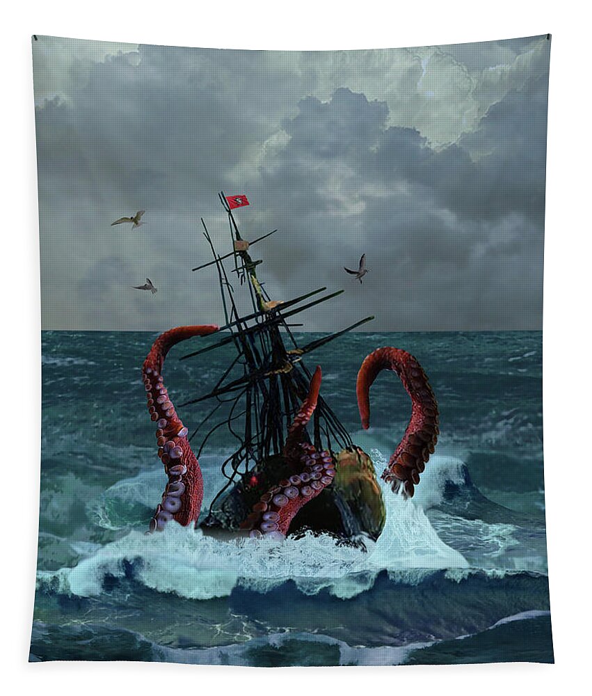 Seascape Tapestry featuring the digital art Kraken Sinks Folly Dodger by M Spadecaller