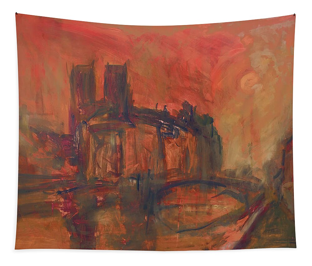 Notre-dame Tapestry featuring the painting La Fleche disparu Notre-Dame Paris by Nop Briex