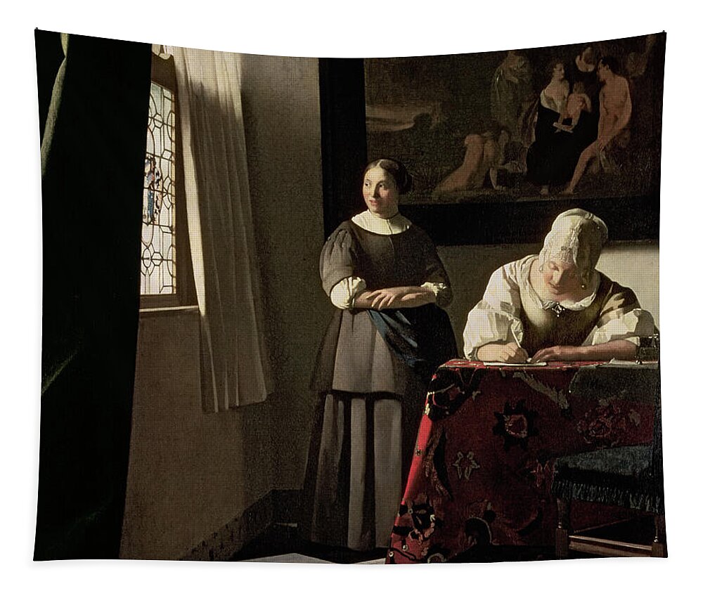 Vermeer Tapestry featuring the painting Lady Writing A Letter With Her Maid, C.1670 by Jan Vermeer by Jan Vermeer