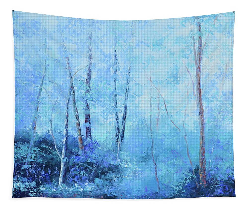 Landscape Tapestry featuring the painting Landscape in shades of lavender and blue by Jan Matson
