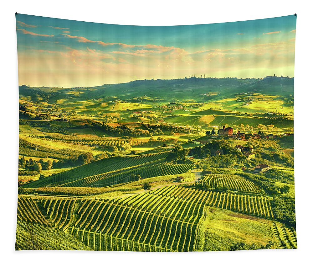 Vineyards Tapestry featuring the photograph Langhe vineyards sunset panorama, Grinzane Covour, Piedmont, Ita by Stefano Orazzini
