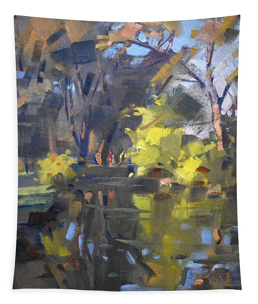 Ellicott Creek Tapestry featuring the painting Last Suntouches in Ellicott Creek Park by Ylli Haruni