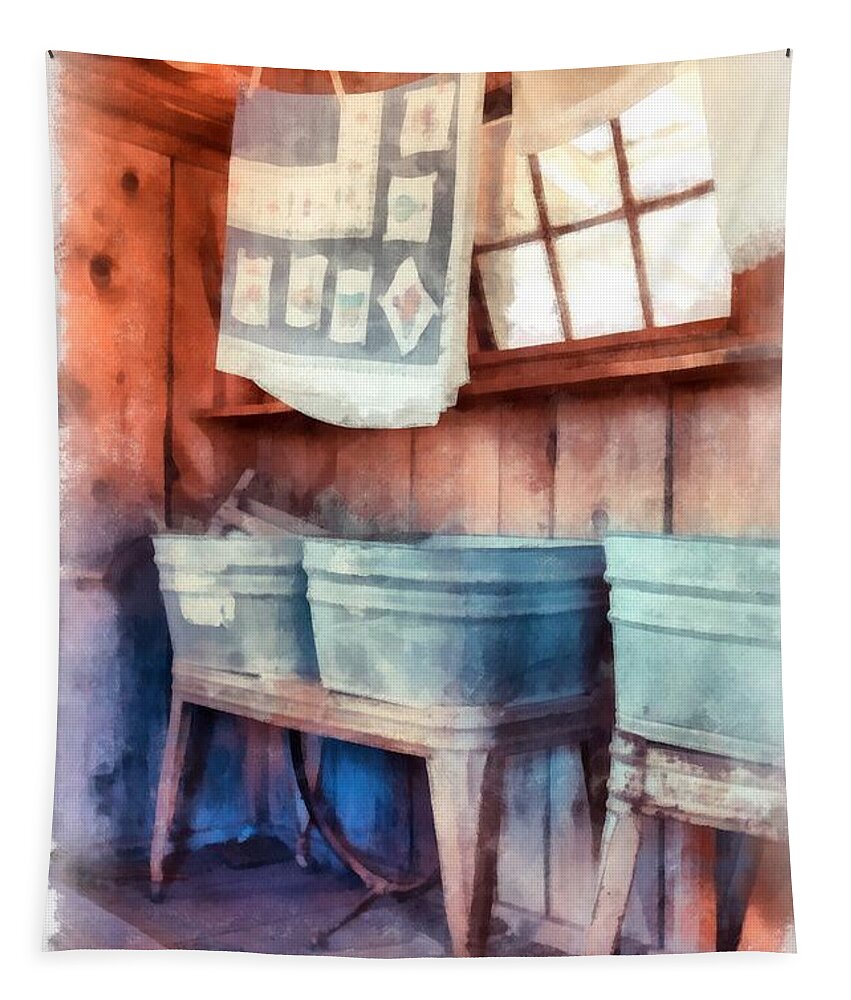 Watercolor Tapestry featuring the digital art Laundry Day Wash Tubs by Edward Fielding