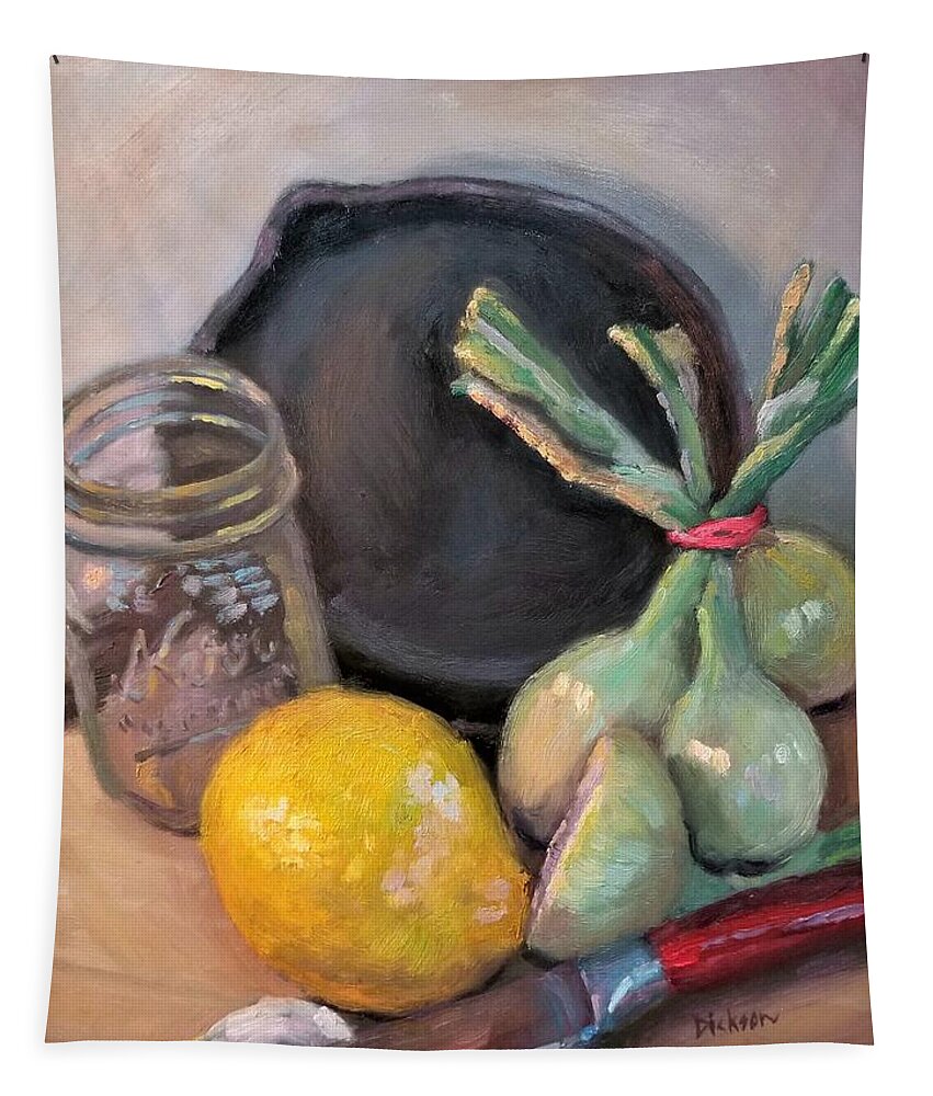 Oil Paintng Tapestry featuring the painting Lemon and onions by Jeff Dickson