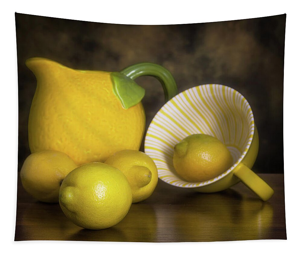Lemon Tapestry featuring the photograph Lemons with Lemon Shaped Pitcher by Tom Mc Nemar