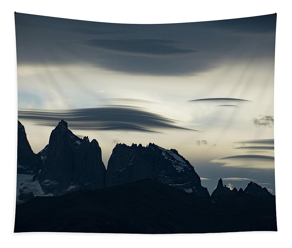 Dusk Tapestry featuring the photograph Lenticular Clouds above the Torres del Paine at Dusk by Mark Hunter