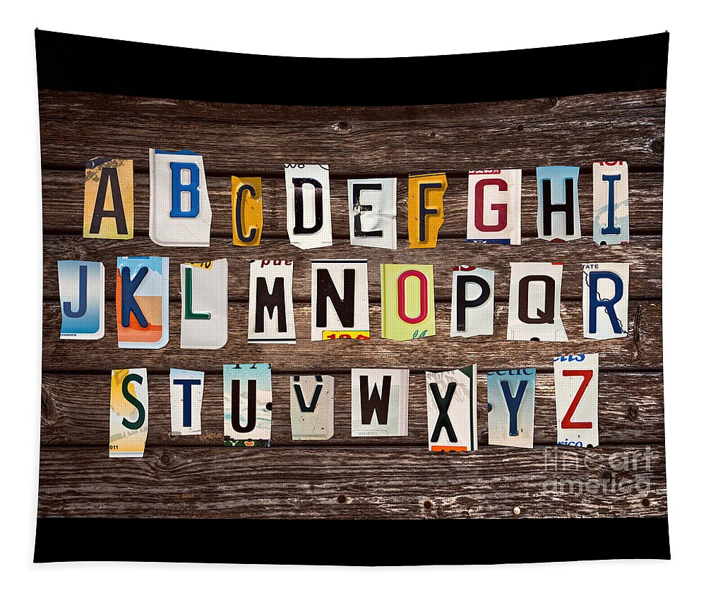 Alphabet Tapestry featuring the mixed media License plates alphabet by Delphimages Photo Creations