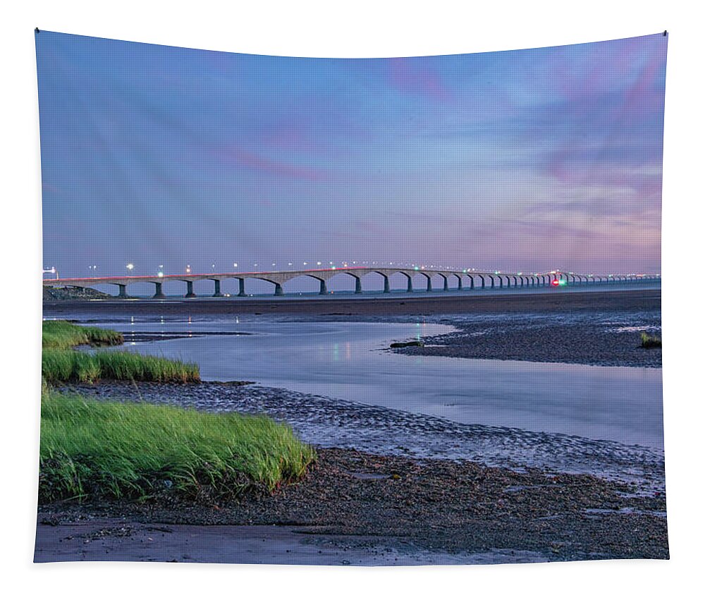 Pei Tapestry featuring the photograph Blue Hour Lighting It Up At Confederation Bridge by Marcy Wielfaert