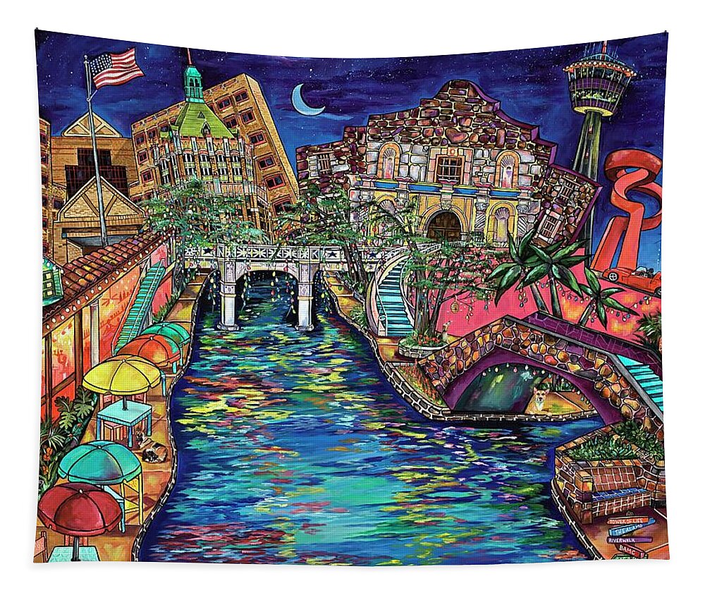 San Antonio Tapestry featuring the painting Lights on the Banks of the River by Patti Schermerhorn
