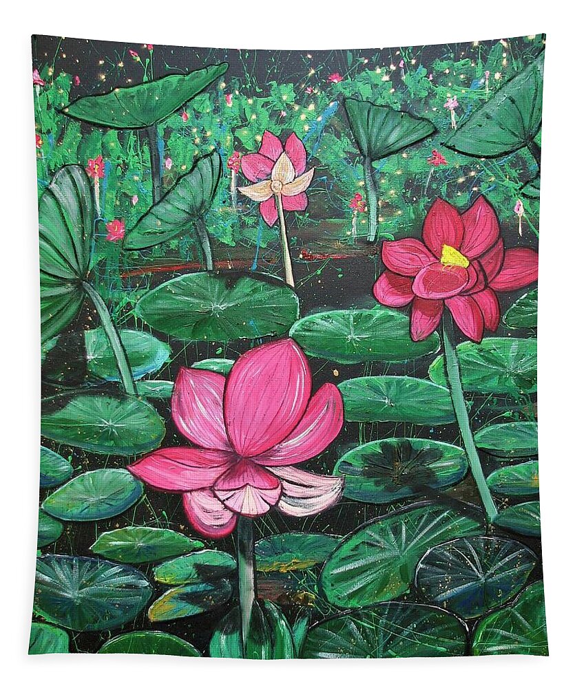 Water Lily Tapestry featuring the painting Lilies by Joan Stratton