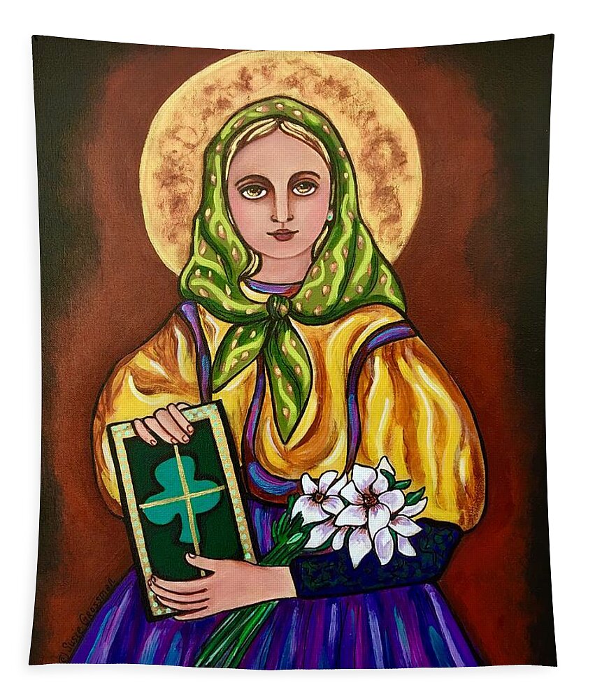 St Dymphna/lily Of Irelandpatron Saint Of Mental Illness Tapestry featuring the painting Lily of Ireland by Susie Grossman