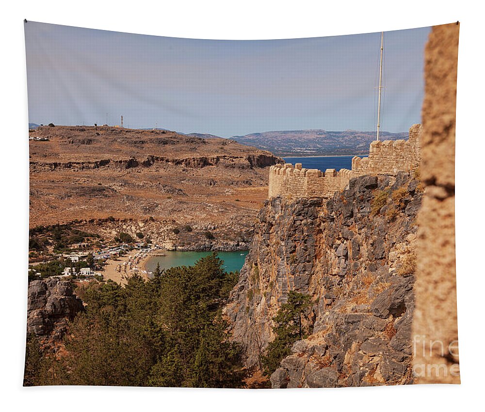 Hill Tapestry featuring the photograph Lindos town and fortress by Sophie McAulay