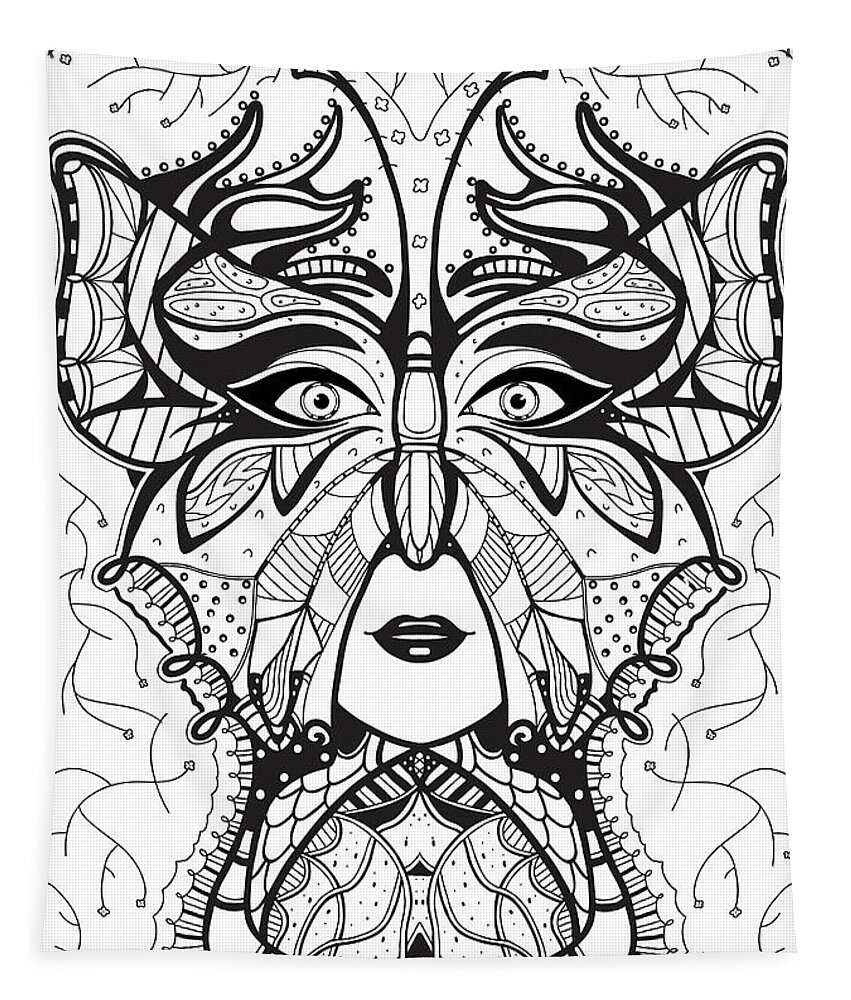 Line Art Illustration. The face of a woman is butterflies. Vector. Tapestry