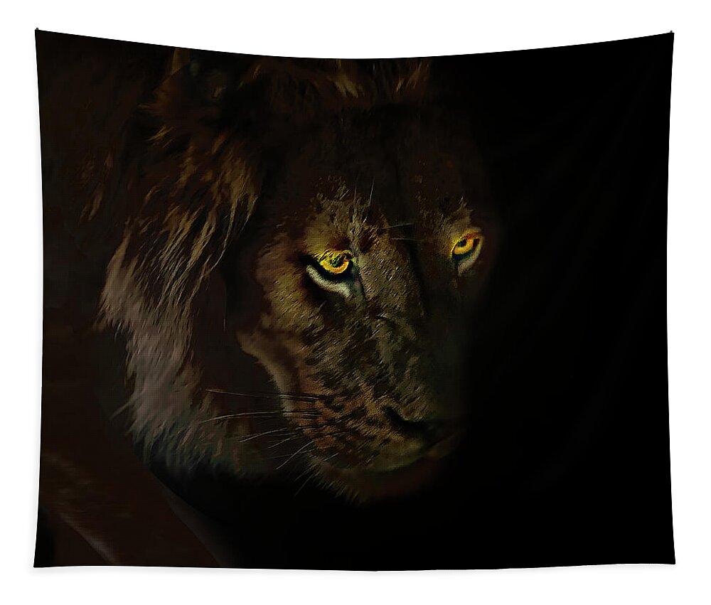 Animal Tapestry featuring the digital art Lion in Den by John Christopher