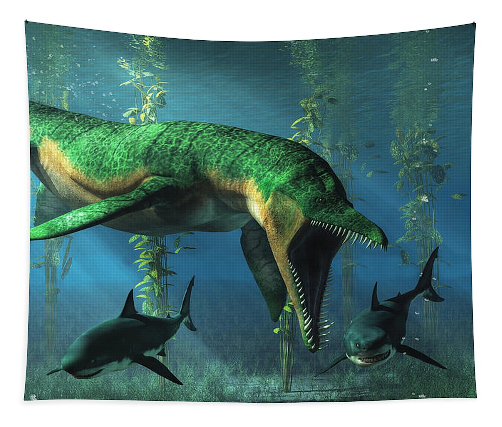 Liopleurodon Tapestry featuring the digital art Liopleurodon Chasing Sharks by Daniel Eskridge