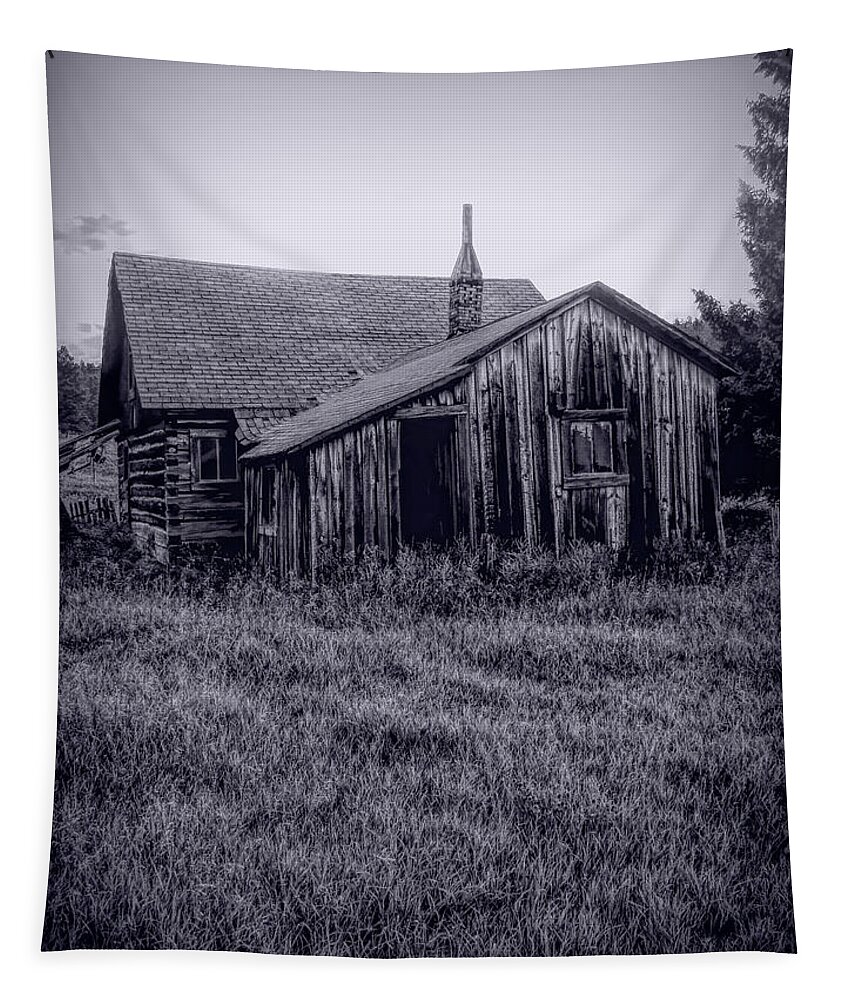 Wyoming Tapestry featuring the photograph Little Cabin in Wyoming BW by Cathy Anderson