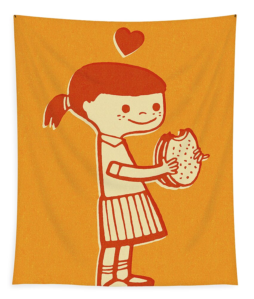 Apparel Tapestry featuring the drawing Little Girl Eating Hamburger by CSA Images