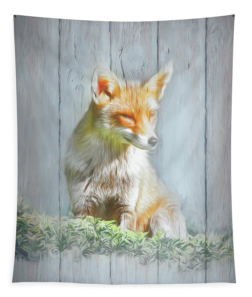 Animals Tapestry featuring the photograph Little Red Fox with Wood Texture Painting by Debra and Dave Vanderlaan