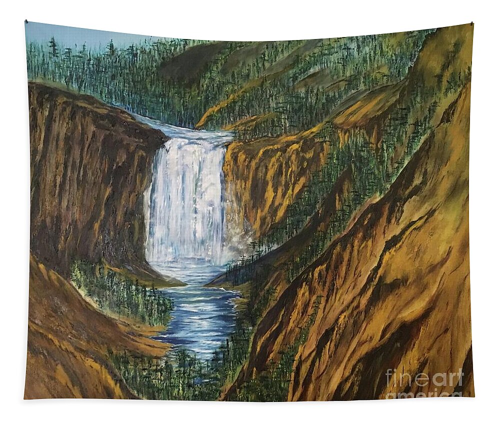 Yellowstone Falls And Canyon Tapestry featuring the painting Yellowstone Falls by Michael Silbaugh