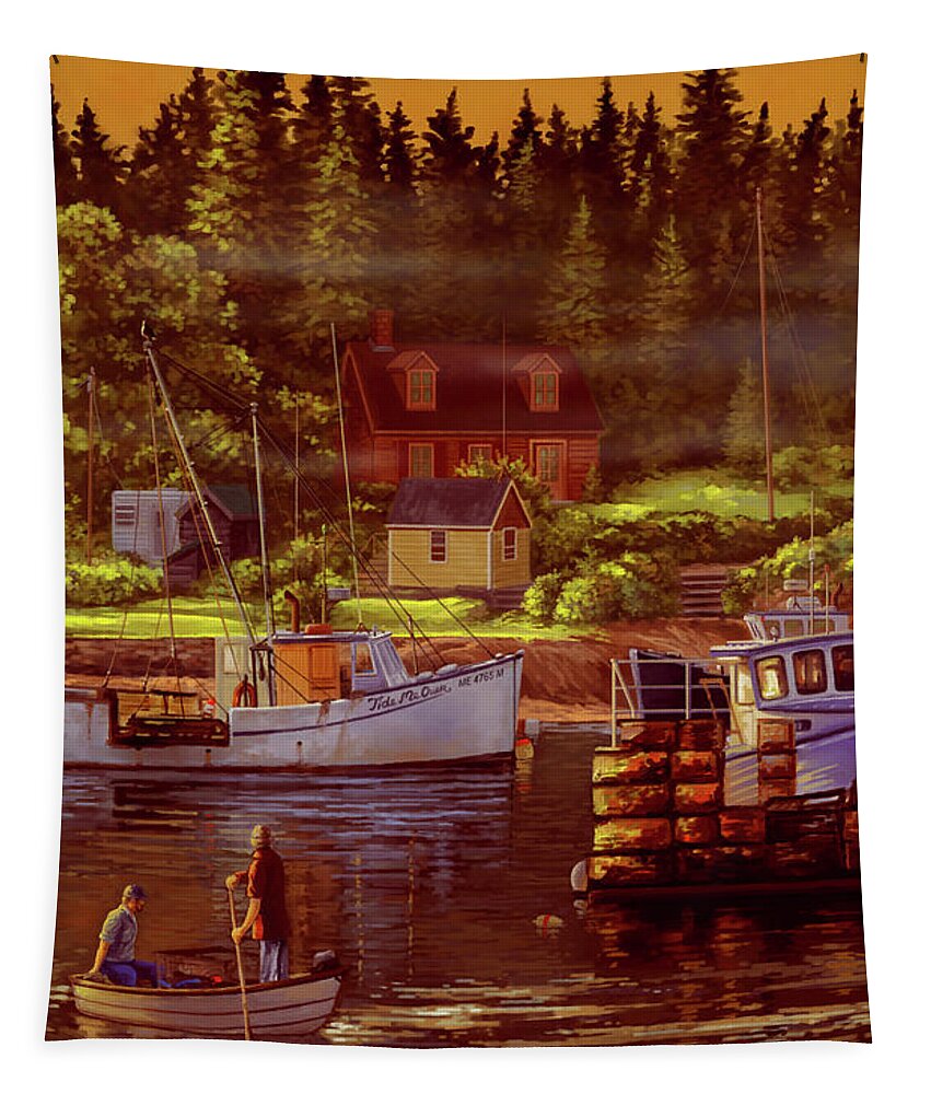 Maine Tapestry featuring the painting Lobstermen by Hans Neuhart