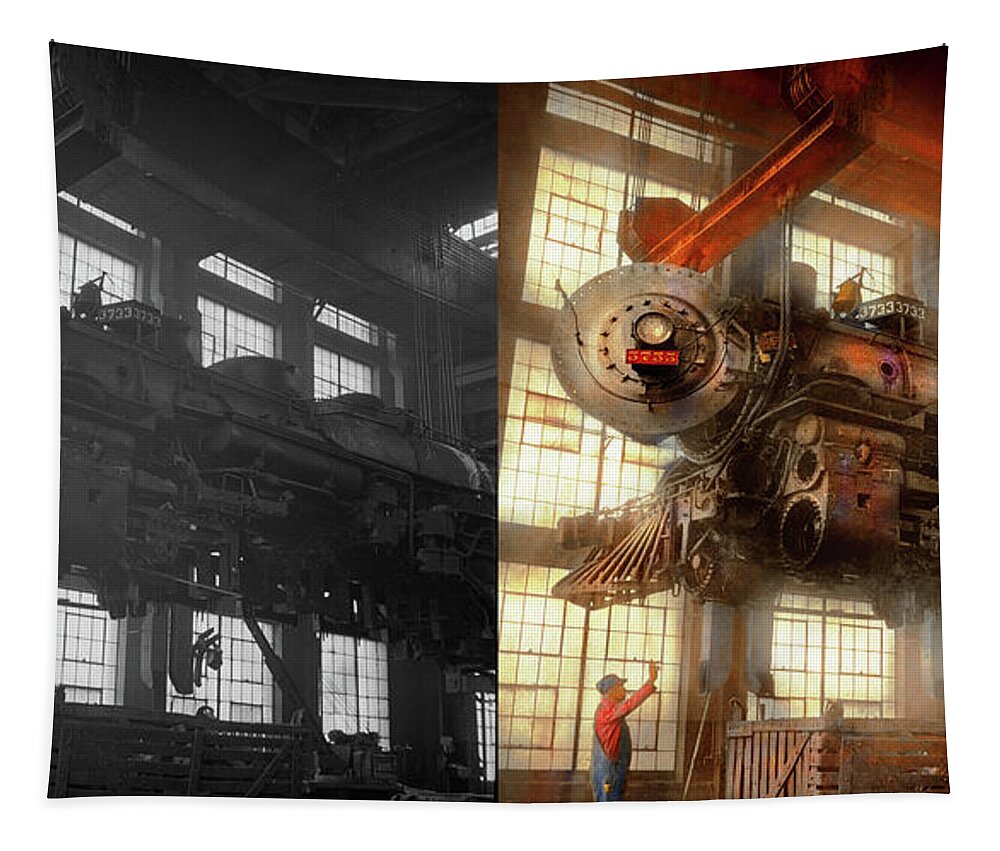 Train Art Tapestry featuring the photograph Locomotive - Repair - Flying trains hidden dangers 1943 - Side by Side by Mike Savad