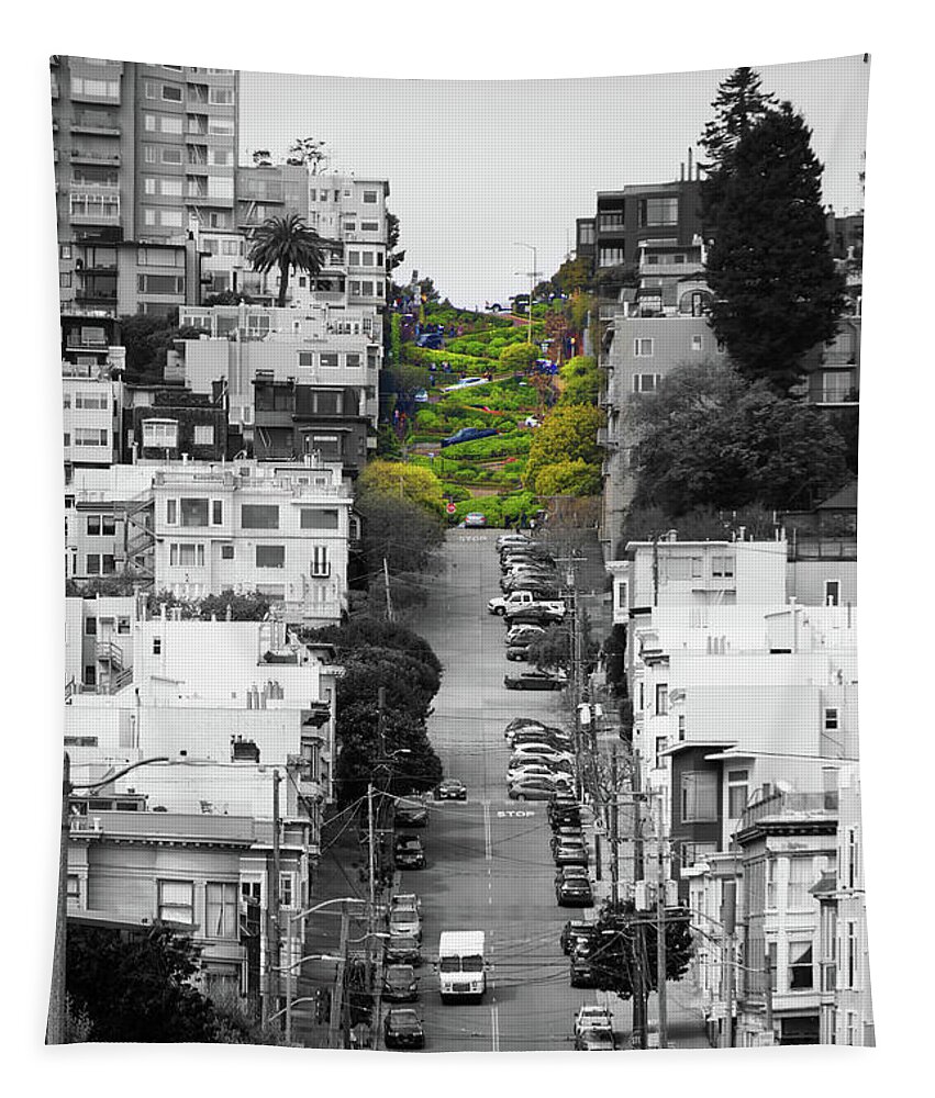 Wingsdomain Tapestry featuring the photograph Lombard Street San Francisco Crookedest Street In America R164 bw by Wingsdomain Art and Photography