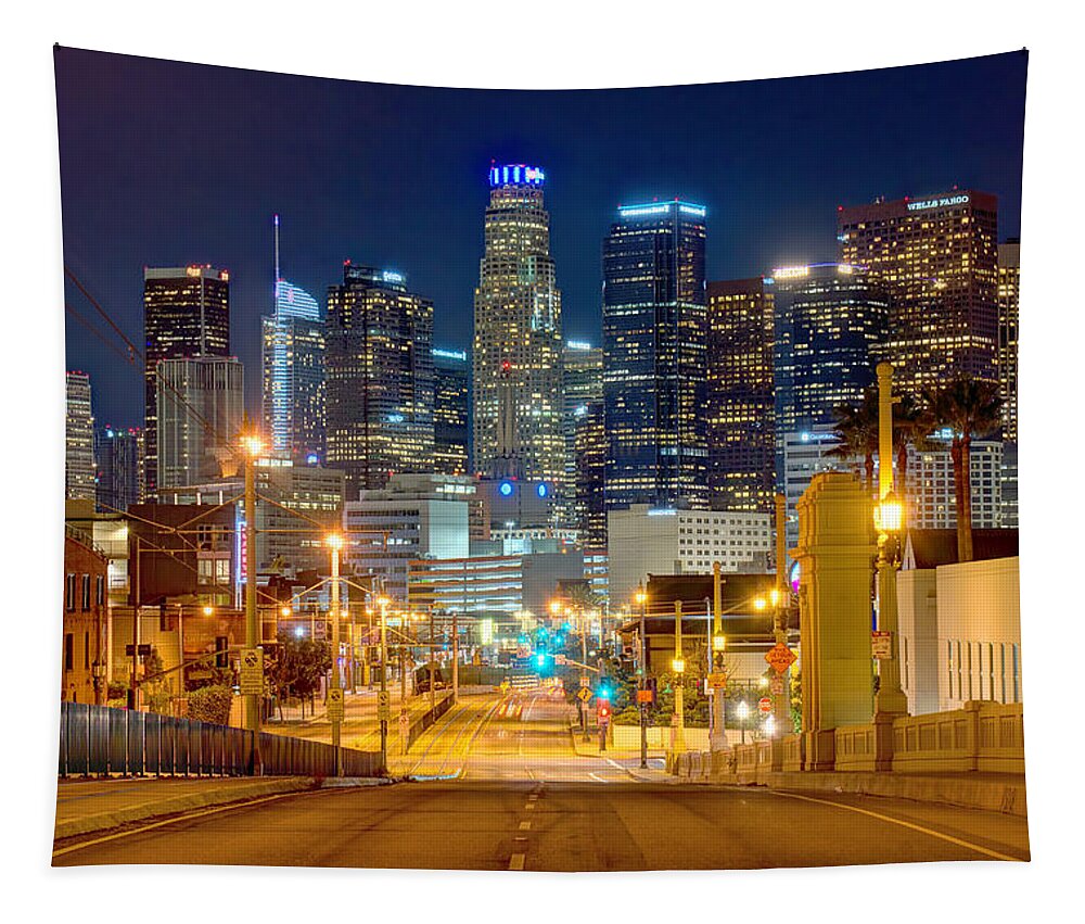 Los Angeles Skyline Tapestry featuring the photograph Los Angeles Skyline NIGHT from the East by Jon Holiday