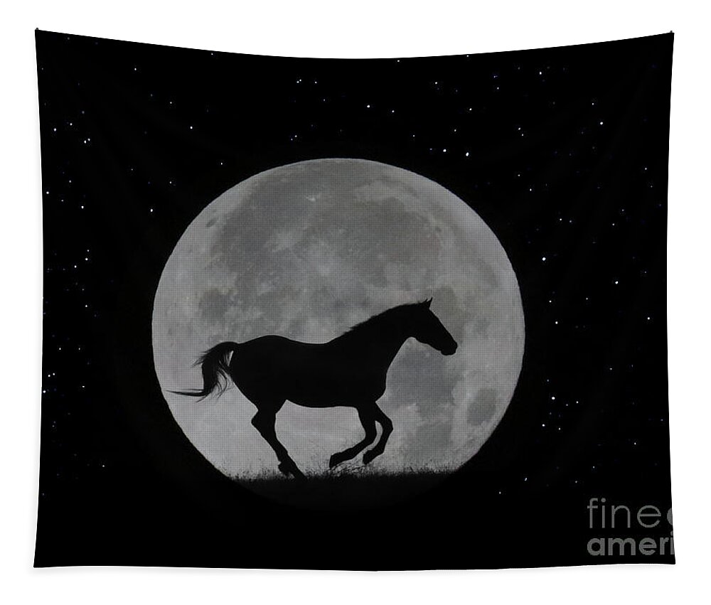 Horse Tapestry featuring the photograph Lunar Horse Running in Night Sky with Big Full Moon by Stephanie Laird