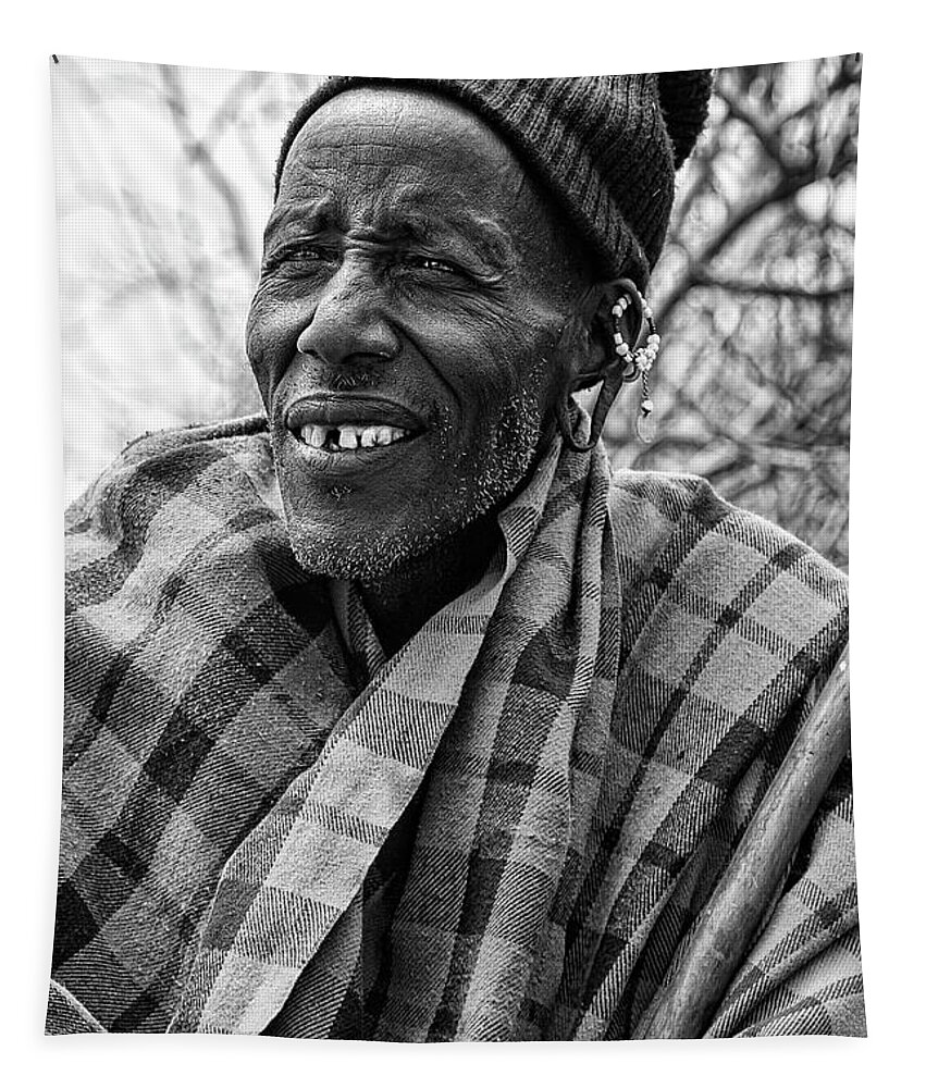 Masai Tapestry featuring the photograph Maasai Chieftain in Black and White by Kay Brewer