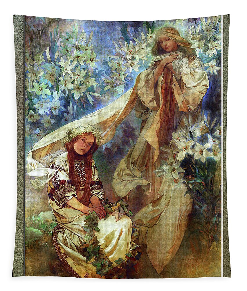 Madonna Of The Lilies Tapestry featuring the painting Madonna of the Lilies by Alphonse Mucha by Rolando Burbon