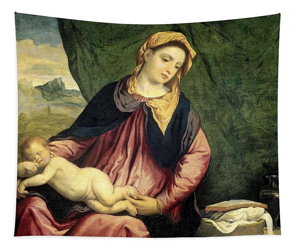 Canvas Tapestry featuring the painting Madonna with Sleeping Child. by Paris Bordone